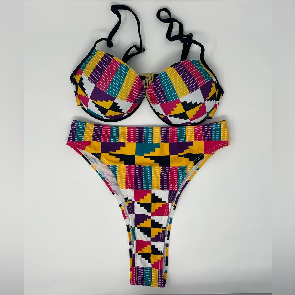 Colorful African Print Bikini Swimsuit Kente High Waisted Bathing Suit Tribal 25